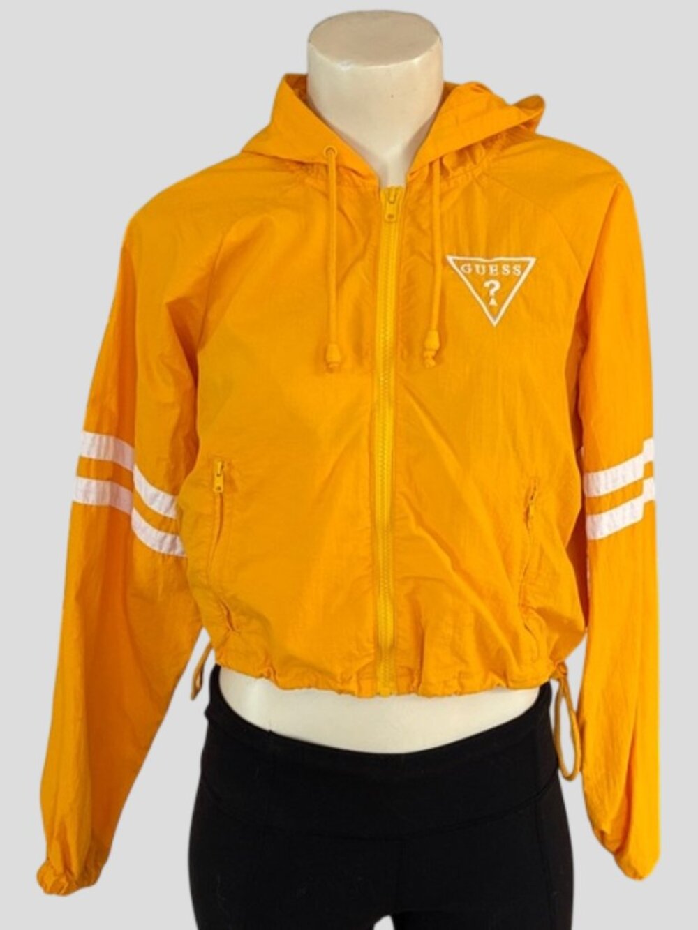 GUESS Yellow Bomber Crop Hooded Jacket White Stripe Detail